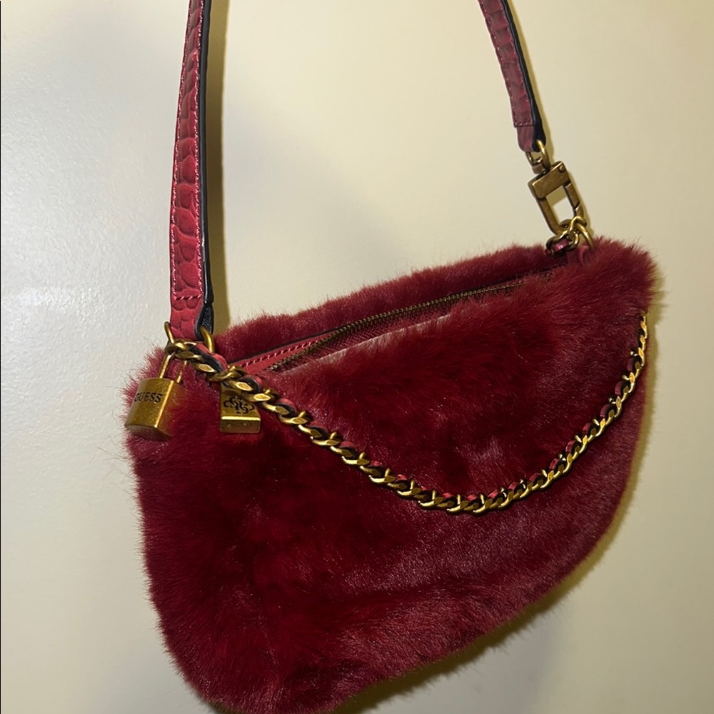 Guess Red Fur Shoulder Bag
